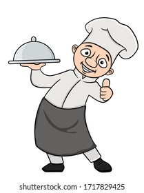 cartoon chef who holds a dish and shows like. Isolated on a white background. Vector stock illustration.