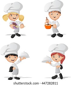 Cartoon Chefs Cooking And Holding Tray With Food.
