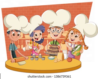 Cartoon chefs cooking. Kids baking cake and cupcakes.