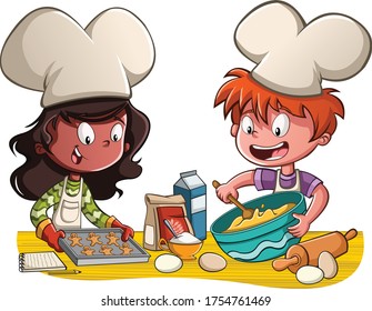 Cartoon chefs cooking. Kids baking cookies in the kitchen.