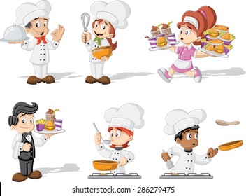 Cocina de chefs de dibujos animados, camarera y camarero sosteniendo la bandeja con comida rápida.