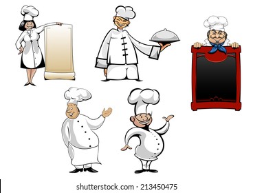 Cartoon chefs and  cooks characters set. With menu board, cook toque and tray or dish for cooking, gastronomy, cafe and restaurant design