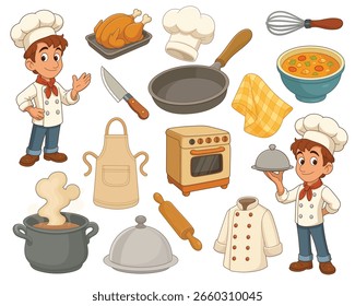 Cartoon Chefs with Culinary Items: Illustration of Cooking and Kitchen Tools