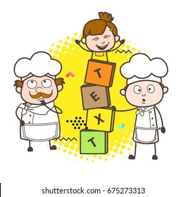 Cartoon Chefs with Cute Little Girl and Blocks Banner Vector Illustration