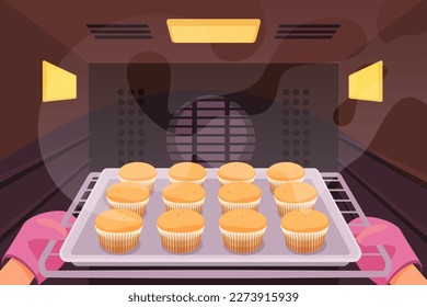 Cartoon chefs hands in pink protective gloves holding hot pan, cooking festive dessert. Hands of baker in kitchen mitts taking out tray of cakes from baking oven vector illustration