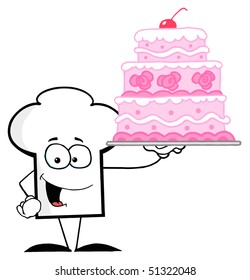 Cartoon Chefs Hat Character Holding Up A Beautifully Decorated Cake