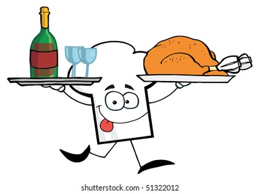 Cartoon Chefs Hat Character Running With Tray Of Wine And Plate With Chicken