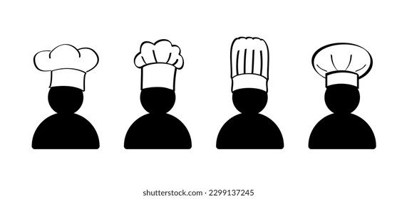 Cartoon chef's hats. Chef clothing uniform caps. Vector icon or symbol. Toque cuisine chef for kitchen. Chef head, hat or cap. Cook logo. 