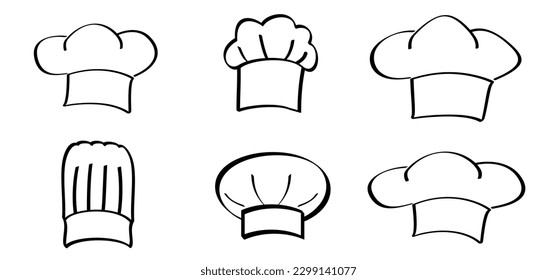 Cartoon chef's hats. Chef clothing uniform caps. Vector icon or symbol. Toque cuisine chef for kitchen. Chef hat or cap. Cook logo.