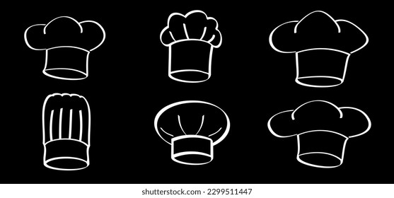 Cartoon chef's hats. Chef clothing uniform caps. Vector icon or symbol. Toque cuisine chef for kitchen. Chef hat or cap. Cook logo.