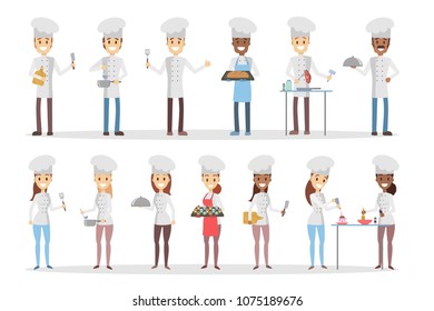Cartoon chefs set cooking and preparing food.