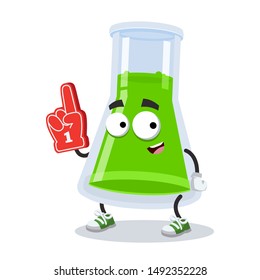 cartoon chemical conical erlenmeyer flask character mascot with the number 1 one sports fan hand glove on a white background