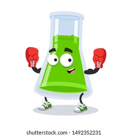 cartoon chemical conical erlenmeyer flask mascot in red boxing gloves on white background