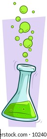Cartoon chemical flask with green liquid and gas bubbles. Vector icon.