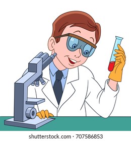 Cartoon chemical scientist with a test tube and microscope. Colorful book page design for kids and children.