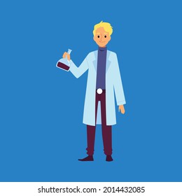 Cartoon chemist man holding laboratory beaker - scientist in lab coat smiling with glass flask with liquid. Flat vector illustration on blue background.