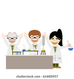Cartoon chemistry concept with chemistry man.  Children are studying and working in chemistry lab. Isolated chemistry. 