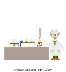 Cartoon chemistry concept with chemistry old man. Chemistry laboratory. The old man studying and working in chemistry lab. 