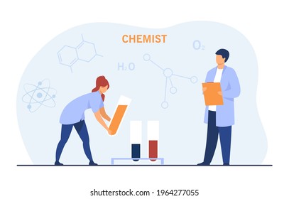 Cartoon chemists conducting experiment. Scientists pouring liquid from testing tube in laboratory flat vector illustration. Chemistry, experiment concept for banner, website design or landing web page