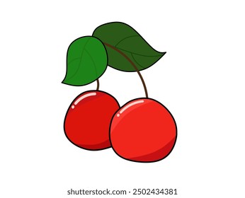 Cartoon cherries with green leaves. flavored delicious dessert isolated vector Illustration.