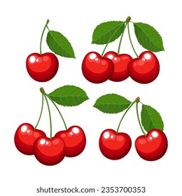 Cartoon cherries on white. Ripe cherry and bunches of cherry, set of tasty healthy red berries with green leaves flavored delicious dessert isolated vector graphics