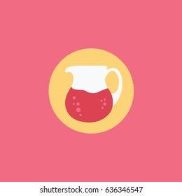cartoon cherries, raspberry & strawberry juice in pitcher icon symbol isolated, jug sign with blueberries juice flat design style vector pink background in a rounded circle button for web