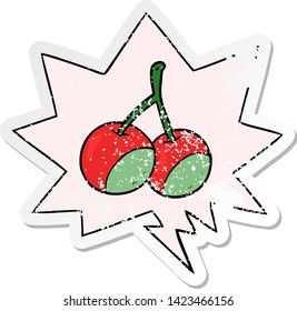cartoon cherries with speech bubble distressed distressed old sticker