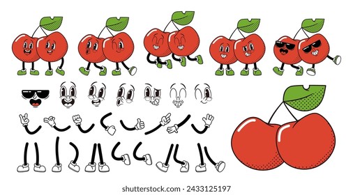 Cartoon Cherry Berries Fruit Character Construction Kit. Isolated Vector Set Of Retro Groovy Hippie Personage Emotions