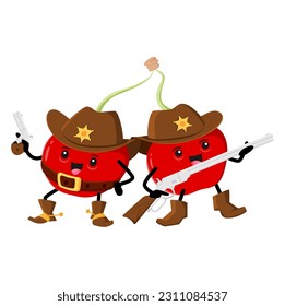 Cartoon cherry berries sheriff characters. Isolated vector funny fresh cowboys couple wear hat with star, belts and boots holding rifle and gun. Fantasy wild west plant personages in Texas adventure