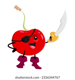 Cartoon cherry berry corsair character with cutlass. Isolated vector juicy pirate, happy smiling captain, sailor buccaneer wear eye patch and boots. Freebooter or picaroon personage for kids menu