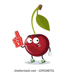 cartoon cherry berry on a branch with a leaf character mascot with the number 1 one sports fan hand glove on a white background