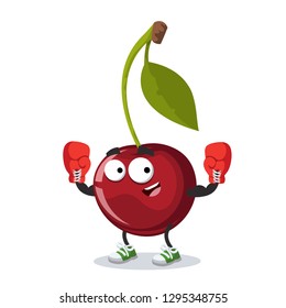 cartoon cherry berry on a branch with a leaf mascot in red boxing gloves on white background