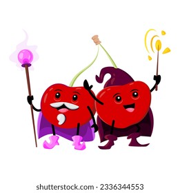 Cartoon cherry berry pair wizard characters. Vector funny senior and young magicians, necromancers in cape and hat with magic wand or staff casting spell. Conjurers, sorcerers healthy food personages