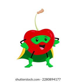 Cartoon cherry berry superhero character. Funny vector super hero garden plant personage in cape and mask demonstrating strength and power with confident pose. Isolated healthy smiling vigilante