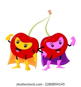 Cartoon cherry berry superhero or defender characters. Vector merry twin cherries super hero personages joined with stem. Isolated fruits in cape, boots, gloves and mask. Funny healthy vitamin food