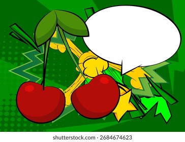 Cartoon Cherry com balão em branco, história em quadrinhos fundo de frutas. Quadrinhos vetoriais retrô com design de arte pop.