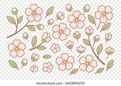 Cartoon cherry blossom (sakura) flowers and branches. Perfect for spring-themed designs, stickers, scrapbooking, invitations, children's projects, floral decor. Flat vector on transparent background