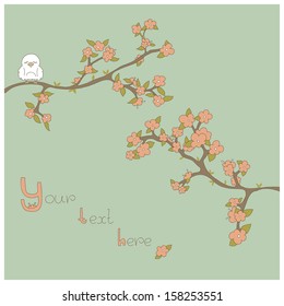 Cartoon Cherry Blossom. Sakura With A White Bird On A Blue Background And Place For Your Text. Eps 10