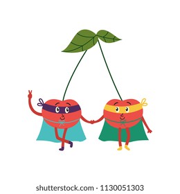 cartoon cherry brothers hero characters in red cape, mask standing holding hands, waving. Isolated vector illustration. Funny fruit, super vegetable protecting people health