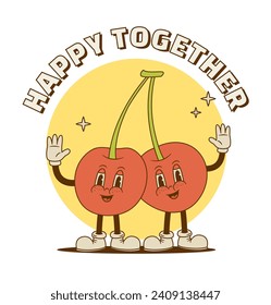 Caricatura de cereza en estilo retro para empaque, impresión, promoción. Imagen vintage de mascota frutal Vector. Nostalgia de los años 70 y 80