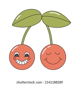 Cartoon cherry characters with face expressions. Retro berries with faces and smile. Vintage vector sticker. Colorful funny emoji in groovy style