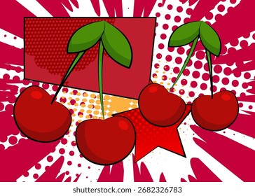 Cereza de dibujos animados, fruta de cómic. Diseño de arte pop de cómics de Vector retro.