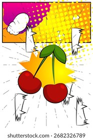 Cereza de dibujos animados, fruta de cómic. Diseño de arte pop de cómics de Vector retro.