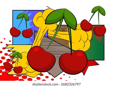 Cereza de dibujos animados, fruta de cómic. Diseño de arte pop de cómics de Vector retro.