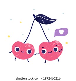 Cartoon cherry couple. Funny berry characters isolated on white for design, sticker or other