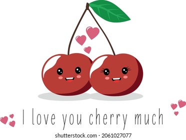 Cartoon cherry couple. Illustration with love message.
