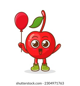 Cartoon of cherry fruit holding a balloon , character design