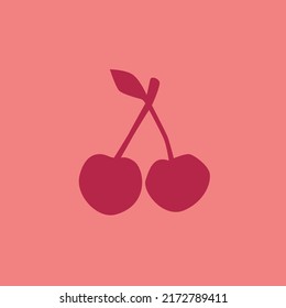 Cartoon Cherry Fruit Isolated on Pink Background, Simple Drawing. Fresh Sweet Cherries Silhouette in Flat Design Style. Summer Fruit Contour Icon.