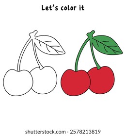 Cartoon Cherry fruit line art clip art illustration vector. Doodle cherry coloring pages for kids. Trace and color cherry. Coloring pages worksheets for kids activity printable.