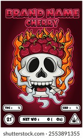 Cartoon Cherry Fruit on Skull Head Smoking And Burning Fire Backgrounds. For Product Packaging Cover. Vectors Illustrations